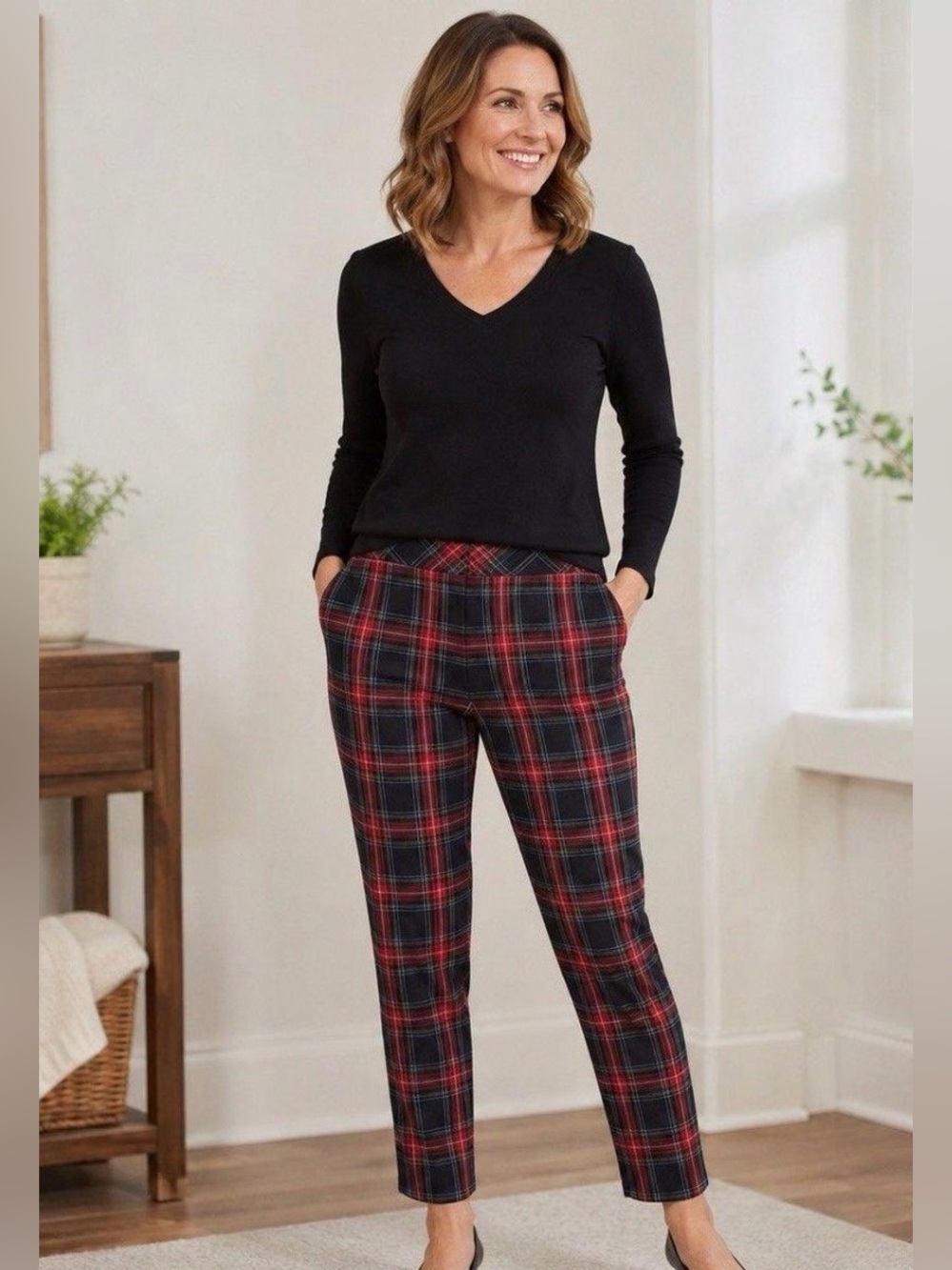 J. Jill Black & Red Plaid Premium Bi Stretch Straight Leg Pants 12